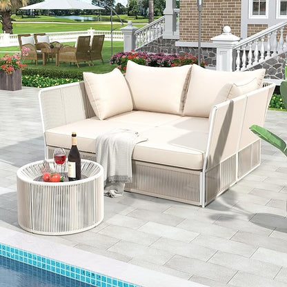 2-Piece Sunbed and Coffee Table, Patio Double Chaise Lounger Loveseat Daybed Outdoor Furniture Set for Backyard Poolside Lawn Balcony, Full, Ac-Beige