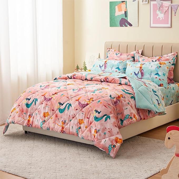 Twin Size Mermaid Kids Bedding Set for Girls, 5 Pieces Super Soft Lightweight Microfiber Comforter Set with Sheets, Bed in a Bag, Durable Children Bed Set