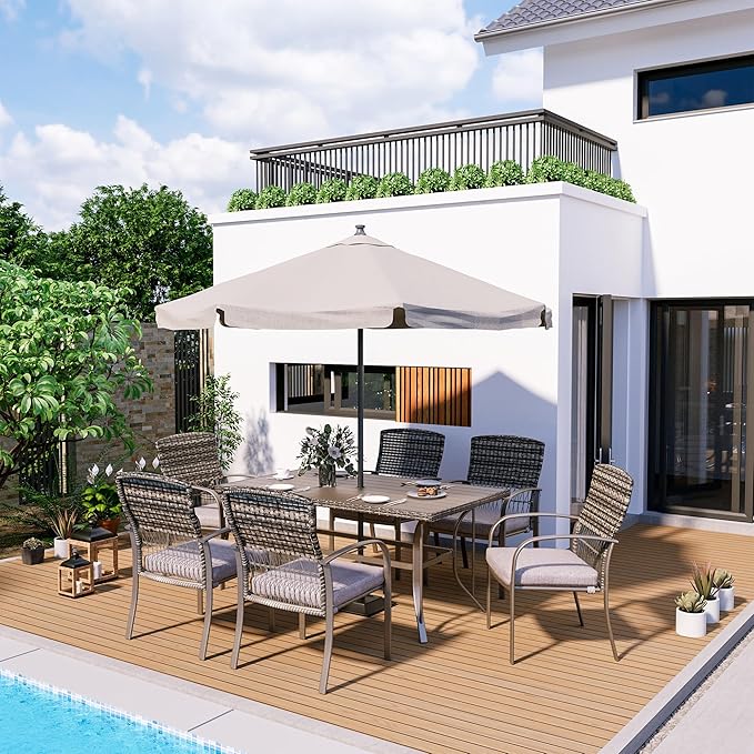 Pamapic Patio Table and Chairs Set, All-Weather Rattan Outdoor Table and Chairs with Removable Waterproof Cushions, Plastic-Wood Patio Dining Set for 6 with Umbrella Hole(Gray)