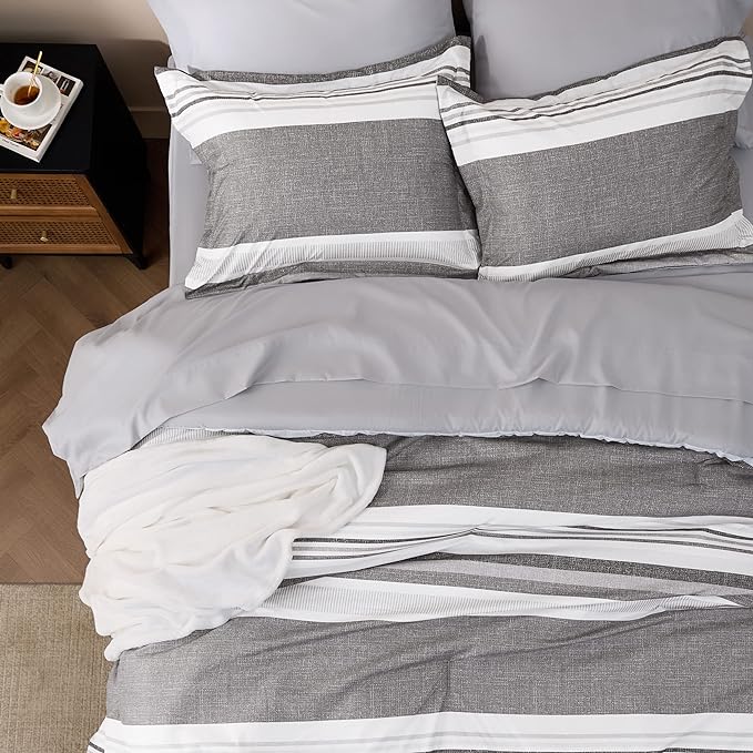 Bedsure King Size Comforter Set - 7 Pieces Grey White Striped Bedding Sets King Bed in A Bag with Comforters King Size, Sheets, Pillowcases & Shams, Bed Sets