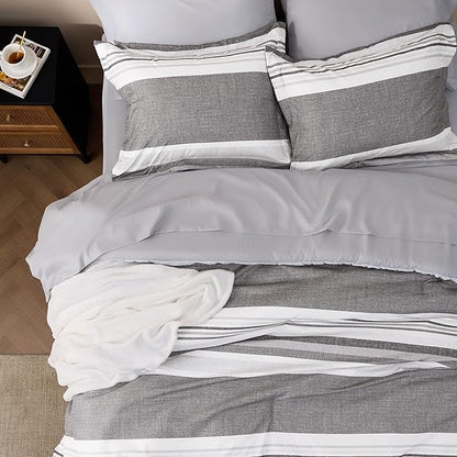 Bedsure Queen Comforter Set - 7 Pieces Grey White Striped Bedding Sets Queen Bed in a Bag with Comforters Queen Size, Sheets, Pillowcases & Shams, Bed Sets