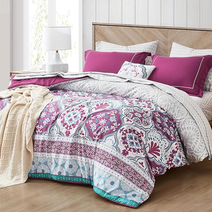 Degrees of Comfort Twin Complete Comforter Sets, Lattice Boho Bed in A Bag,Microfiber Bedding Set with Side Pockets, Matching Decorative Pillow, 6 Piece Purple