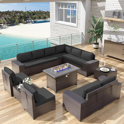 Patio Furniture Sectional Sofa Set 13PCS PE Rattan Patio Conversation Set w/43in Gas Fire Pit Table, Outdoor Furniture with 55000 BTU Propane Fire Pit, Black
