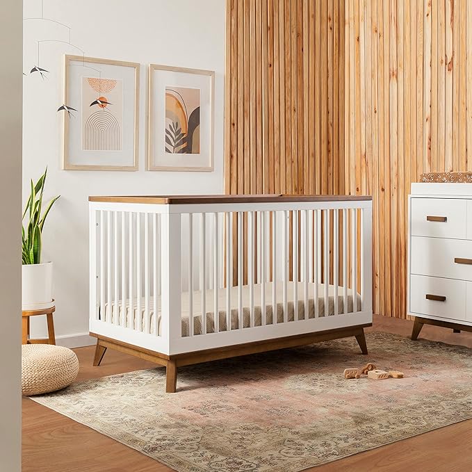 Babyletto Scoot 3-in-1 Convertible Crib with Toddler Bed Conversion Kit in White and Natural Walnut, Greenguard Gold Certified