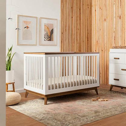 Babyletto Scoot 3-in-1 Convertible Crib with Toddler Bed Conversion Kit in White and Natural Walnut, Greenguard Gold Certified