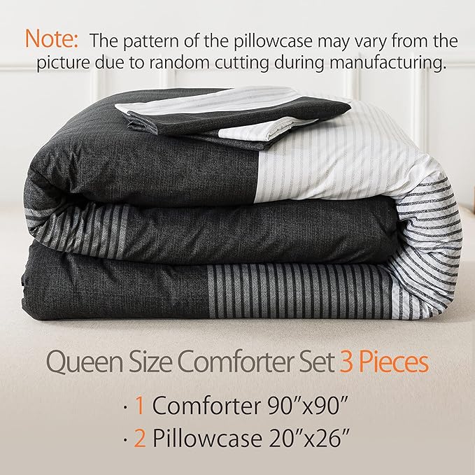 Andency Queen Comforter Set Black,3 Pieces Black White Gray Patchwork Striped Comforter (90x90 Inch), Soft Microfiber Down Alternative Queen Comforter Bedding Sets with Corner Loops