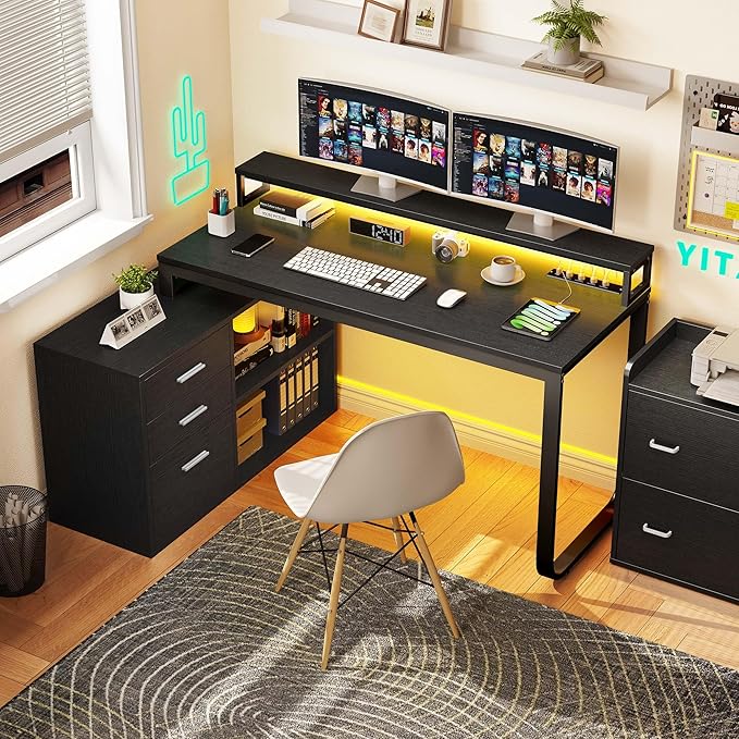YITAHOME L Shaped Desk with Power Outlets & LED Lights & File Cabinet, 55" Corner Computer Desk with 3 Drawers and 2 Storage Shelves, Home Office Desk with Monitor Stand, Black
