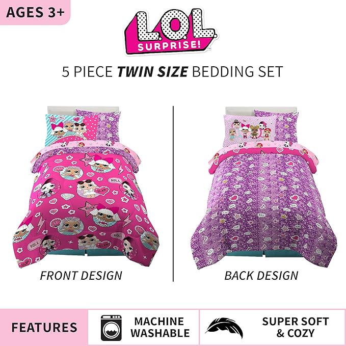 Franco Kids Bedding Super Soft Comforter and Sheet Set with Sham, 5 Piece Twin Size, LOL Surprise