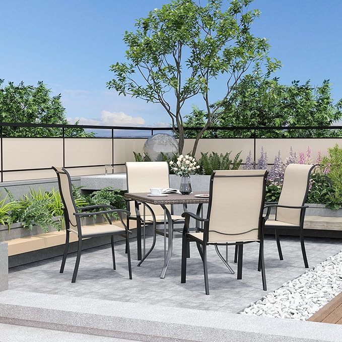 Pamapic 5 Pieces Patio Dining Set, Outdoor Table and Chairs for Garden Backyard Poolside Deck,Outdoor Furniture Set with Square Plastic-Wood Table Top,4 Textilene Chairs,Beige