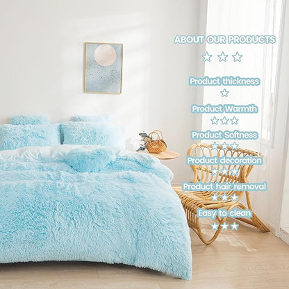 Fluffy Blue Comforter Cover Set Queen - Ultra Soft Plush Blue Bedding Sets 3 Pieces (1 Faux Fur Duvet Cover + 2 Faux Fur Pillow case) Blue Bed Set Queen (Blue, Queen)