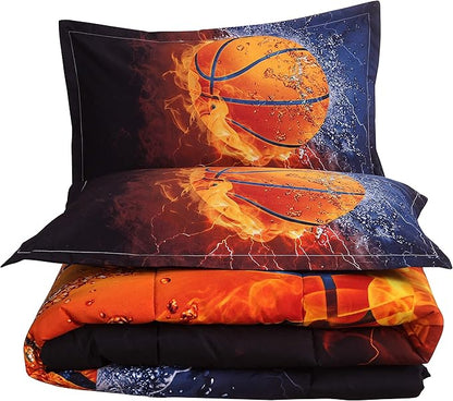 Btargot Twin Basketball and Fire Quilt Set Bedding Sets, 3D Sports Themed Bedding, All-Season Reversible Quilted Duvet, for Children Boy Girl Teen Kids - includes 1 Comforter, 2 Pillow Sham
