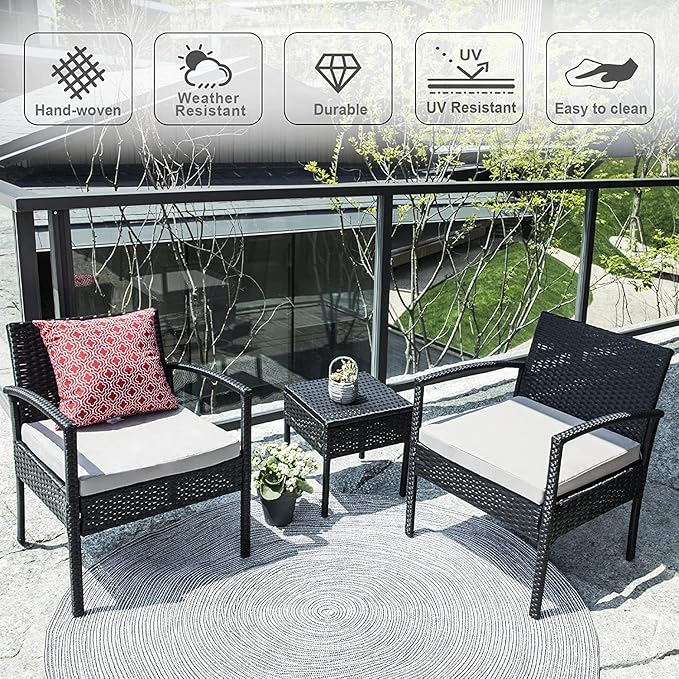 3 Pieces Patio Furniture Set, Balcony Furniture, Patio Bistro Set All-Weather Wicker Chairs Conversation Set with Cushions Table for Outdoor Backyard Porch Lawn (Black-Grey)