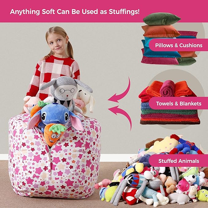 Aubliss Stuffed Animal Bean Bag Storage Chair (Pink Star, Medium (32''))