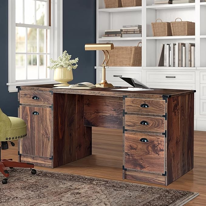 Modern Executive Desk, 59" Vintage Farmhouse Study Writing Desk with Storage Drawers, Industrial Wood Computer Manager's Desk with Knee Space for Home Office, Walnut