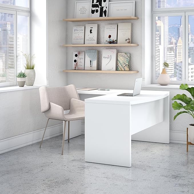 Bush Business Furniture Echo L Shaped Bow Front Desk in Pure White