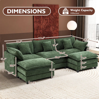 Ihanherry 111.4" L Shaped Modern Sofa Modular Sectional Cloud Couch with Ottoman, 4-Seat Chenille Deep Seat Sofa with Pillow for Living Room, Bedroom and Apartment, Beige