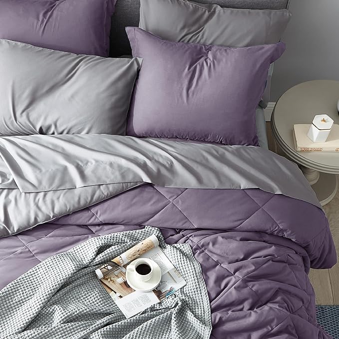 Bedsure Grayish Purple Queen Comforter Set - 7 Pieces Reversible Queen Bed in a Bag, Queen Bed Set Grayish Purple and Grey with Comforters, Sheets, Pillowcases & Shams