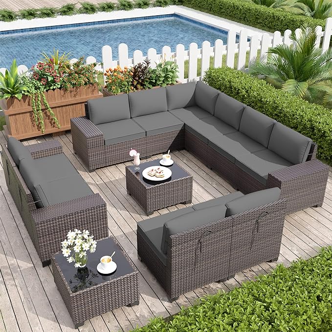 Patio Furniture Set Sofa 12-Pieces Wicker Sectional Sofa Set, Outdoor Furniture Rattan Patio Conversation Set with Thickened Cushions and Glass Coffee Table, Grey