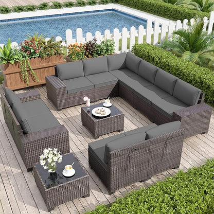Patio Furniture Set Sofa 12-Pieces Wicker Sectional Sofa Set, Outdoor Furniture Rattan Patio Conversation Set with Thickened Cushions and Glass Coffee Table, Grey