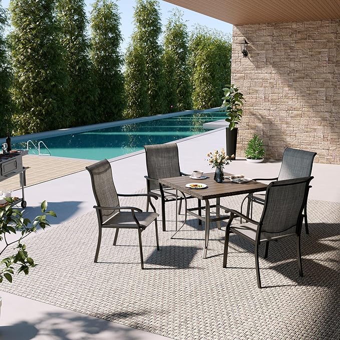 Pamapic 5 Pieces Patio Dining Set, Outdoor Table and Chairs for Garden Backyard Poolside Deck,Outdoor Furniture Set with Square Plastic-Wood Table Top,4 Textilene Chairs,Gray