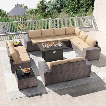 Kullavik 13PCS Outdoor Patio Furniture Set with 43" 55000BTU Gas Propane Fire Pit Table PE Wicker Rattan Sectional Sofa Patio Conversation Sets,Sand