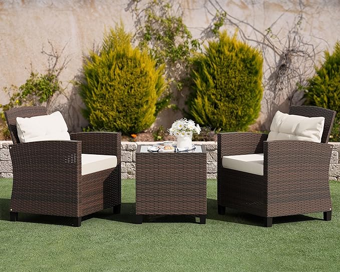 Shintenchi 3 Pieces Patio Furniture Set 3 Pieces PE Rattan Wicker Chairs with Table Outdoor Furniture for Backyard/Garden/Poolside/Outdoor Restaurant Brown Rattan with White Cushion
