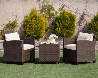 Shintenchi 3 Pieces Patio Furniture Set 3 Pieces PE Rattan Wicker Chairs with Table Outdoor Furniture for Backyard/Garden/Poolside/Outdoor Restaurant Brown Rattan with White Cushion