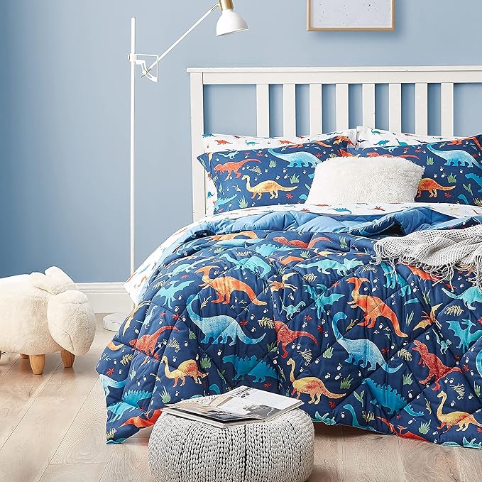 Kids Queen Bedding Comforter Set for Boys, 7 Pieces Soft Lightweight Dinosaur Bedding Queen Set with Sheets, Bed in a Bag, Durable Boys Queen Comforter Set