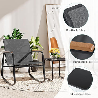 YITAHOME 3 Piece Rocking Bistro Set, Outdoor Patio Furniture Set with Wooden Armrests, Porch Chairs Set with Glass Table for Lawn, Garden, Balcony, Poolside, Dark Gray