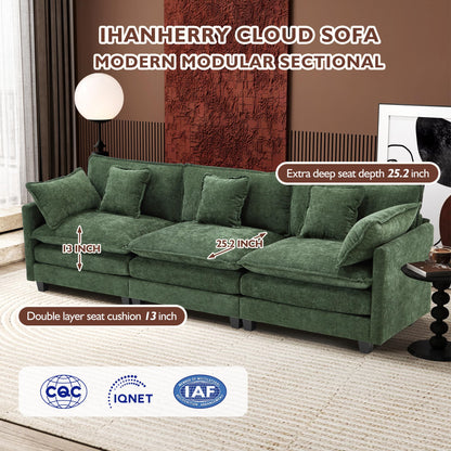 Ihanherry 111.4" L Shaped Modern Sofa Modular Sectional Cloud Couch with Ottoman, 4-Seat Chenille Deep Seat Sofa with Pillow for Living Room, Bedroom and Apartment, Beige