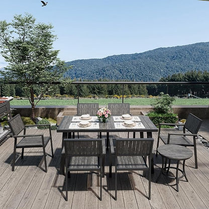 Pamapic Aluminum Outdoor Dining Set, Patio Dining Set for 8 with 6 Outdoor Stackable Chairs, Patio Table and Chairs Set with Plastic-Wood Table Top for Patio, Garden(Charcoal Gray)