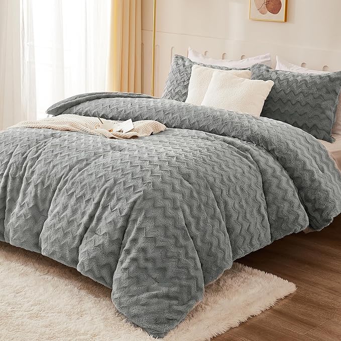 Andency Grey Fleece Comforter Set Queen Size, 3 Pieces Fuzzy Fluffy Faux Fur Bedding Comforter Set for Queen Bed, Warm Plush Shaggy Sherpa Bed Set for Women Man