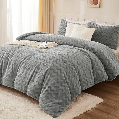 Andency Grey Fleece Comforter Set Queen Size, 3 Pieces Fuzzy Fluffy Faux Fur Bedding Comforter Set for Queen Bed, Warm Plush Shaggy Sherpa Bed Set for Women Man