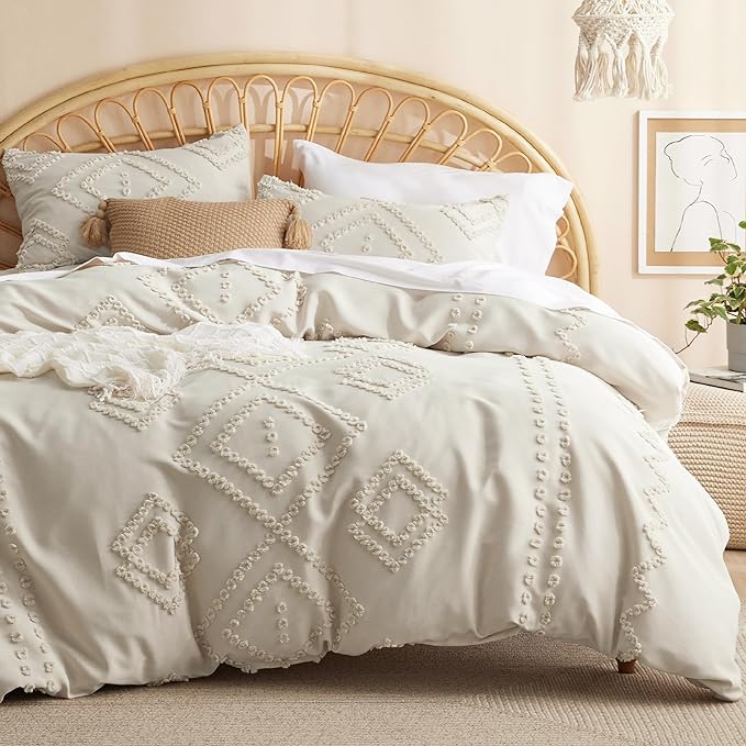 Bedsure Boho Comforter Set Full - Beige Tufted Bedding Comforter Set, 3 Pieces Farmhouse Shabby Chic Embroidery Bedding Set, Soft Geometric Pattern Comforter for All Seasons