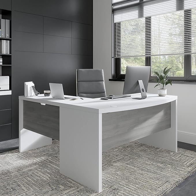 Bush Business Furniture Echo L Shape Desk with Wire Management | Corner Bow Front Table for Home Office with Quick-to-Assemble Hardware, 60W, Pure White and Modern Gray