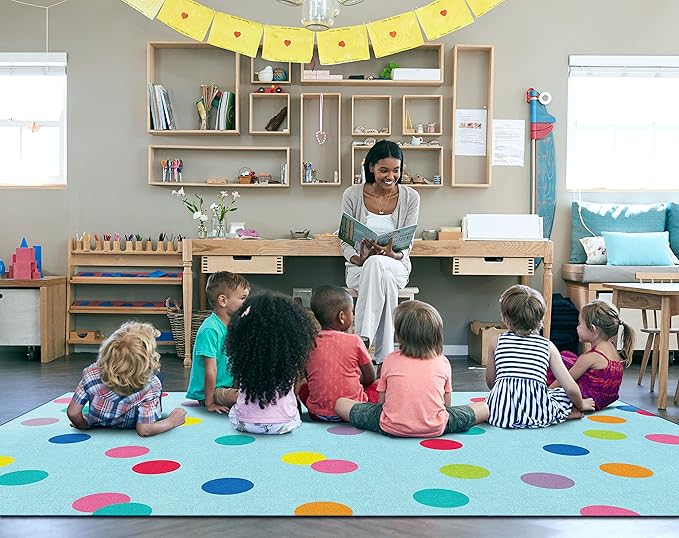 Flagship Carpets Schoolgirl Style Just Teach Rainbow Polka Dots Classroom Area Rug for Indoor Classroom Learning or Kid Bedroom Educational Play Mat, 7'6"x12', Blue