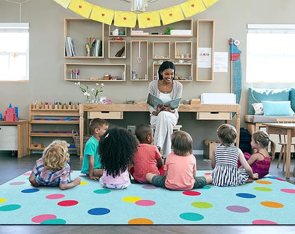 Flagship Carpets Schoolgirl Style Just Teach Rainbow Polka Dots Classroom Area Rug for Indoor Classroom Learning or Kid Bedroom Educational Play Mat, 7'6"x12', Blue