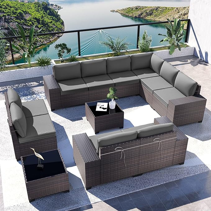 Kullavik 12PCS Outdoor Patio Furniture Set PE Wicker Rattan Sectional Sofa Patio Conversation Sets,Grey