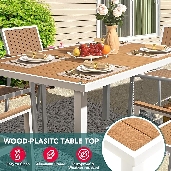Pamapic 8-Piece Patio Dining Set，Outdoor Aluminum Furniture Set with Plastic-Wood Table Top,Outdoor Furniture Set with 6 Outdoor Stackable Chairs for Patio Garden Poolside (White)