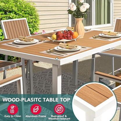 Pamapic 8-Piece Patio Dining Set，Outdoor Aluminum Furniture Set with Plastic-Wood Table Top,Outdoor Furniture Set with 6 Outdoor Stackable Chairs for Patio Garden Poolside (White)