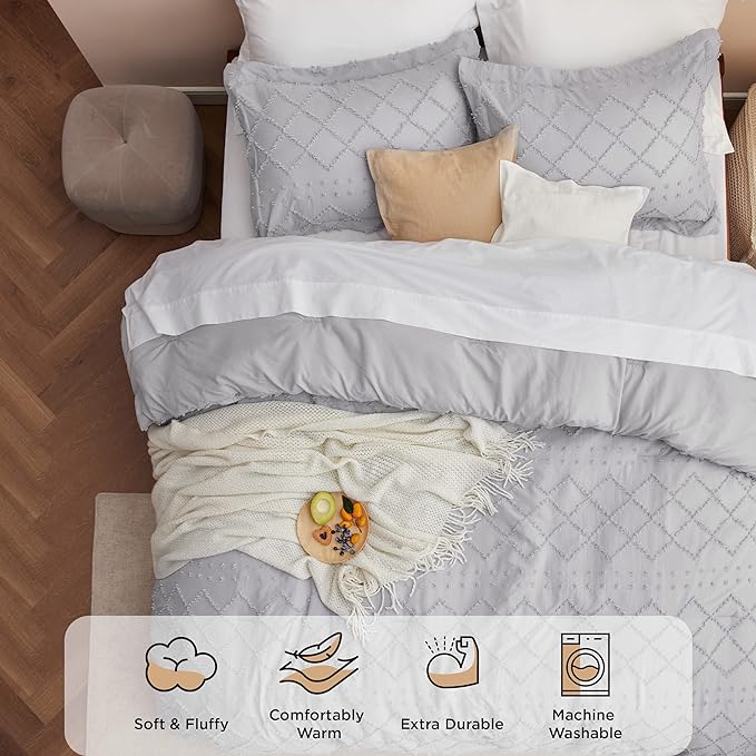 Bedsure King Size Comforter Set - Light Grey Comforter, Boho Tufted Shabby Chic Bedding Comforter Set, 3 Pieces Farmhouse Bed Set for All Seasons, Fluffy Soft Bedding Set with 2 Pillow Shams