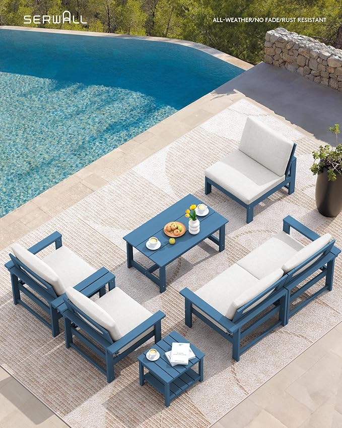 SERWALL HDPE Patio Coversation Set, 7-piece Outdoor Sectional Sofa Set, All Weather Patio Couch Set Patio Furniture for Balcony, Deck, Navy Frame with Khaki Cushion