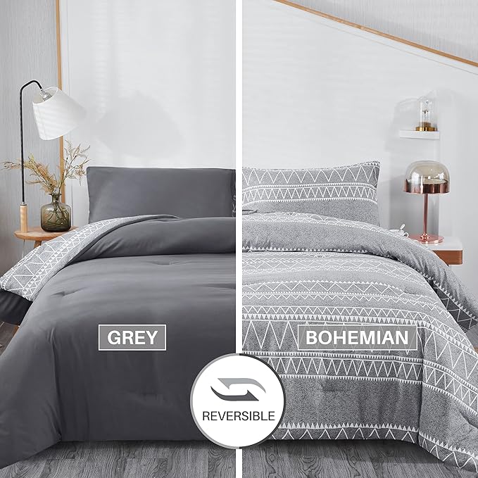 Boho Grey Stirped Comforter Set Queen for Kids Adult, 3 PCS Reversible Bedding Set Gray Comforter with 2 Pillow Shams, Lightweight Breathable for All Seasons(Queen,90x90inches)