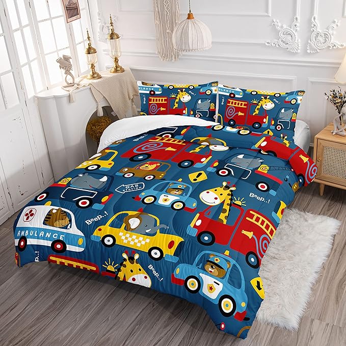 Datura home Kids Cartoon Car Comforter Set for Boys Kids Children,Transportation Car Police Car Kawaii Animals Printed Bedding Set with 1 Comforter and 2 Pillowcases(Cartoon Car Full)