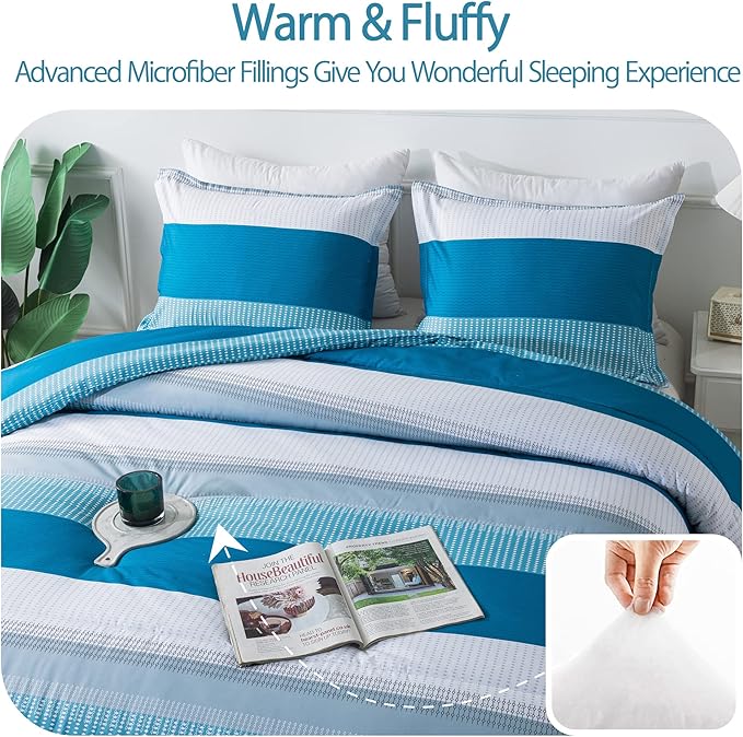 Andency Stripe Comforter Set Queen Size (90x90 Inch), 3 Pieces Teal Patchwork Striped Comforter, Soft Microfiber Down Alternative Comforter Bedding Set with Corner Loops