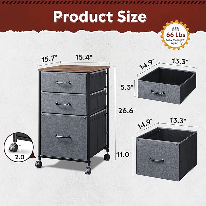 DEVAISE Mobile File Cabinet, Rolling Printer Stand with 3 Drawers, Fabric Vertical Filing Cabinet fits A4 or Letter Size for Home Office, Rustic Brown