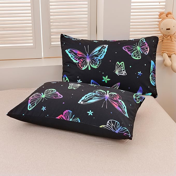 Btargot 3 Piece Butterfly Pattern Girls Comforter Set with 2 Pillow Covers, Gradient Line Rainbow Printed Bedding Set for Women, Queen Black