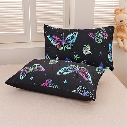Btargot 3 Piece Butterfly Pattern Girls Comforter Set with 2 Pillow Covers, Gradient Line Rainbow Printed Bedding Set for Women, Queen Black