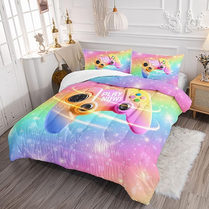 Datura home Bedding Comforter Set Rainbow Gamepad Printed Pattern Quilt with 1 and 2 Pillowcases for Girls Bedroom All Season(Rainbow Queen) Queen 90x90inches