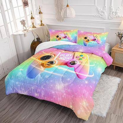 Datura home Bedding Comforter Set Rainbow Gamepad Printed Pattern Quilt with 1 and 2 Pillowcases for Girls Bedroom All Season(Rainbow Full) Full 80x90inches